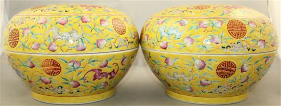 A pair of Chinese famille rose yellow ground boxes and covers, second half 19th century, 24.5cm diam.